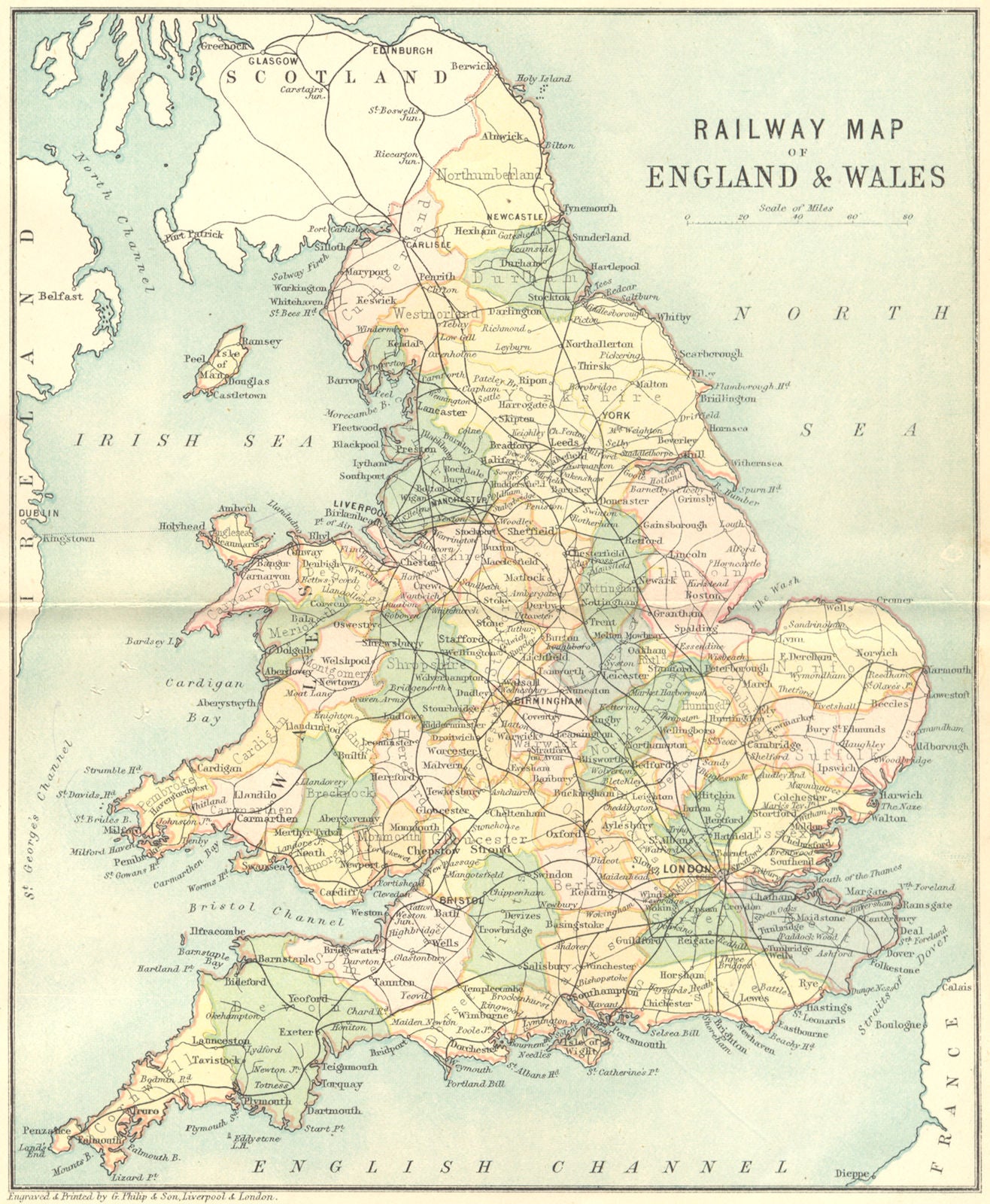 ENGLAND WALES. RAIL MAP. Philip 1898 old antique vintage plan chart